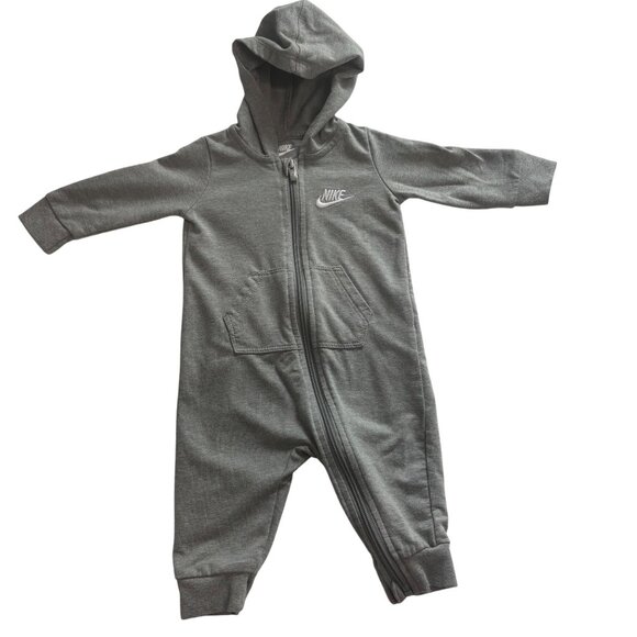 Nike Gray Baby Hooded Full-Zip Coverall Romper 6M With Logo & Pockets - Picture 1 of 7